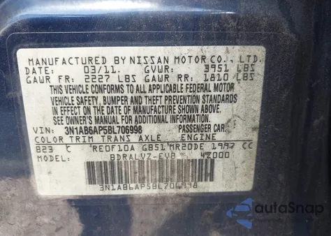 2011 Nissan Sentra 2.0Sl из США, поврежденный, VIN 3N1AB6AP5BL706998